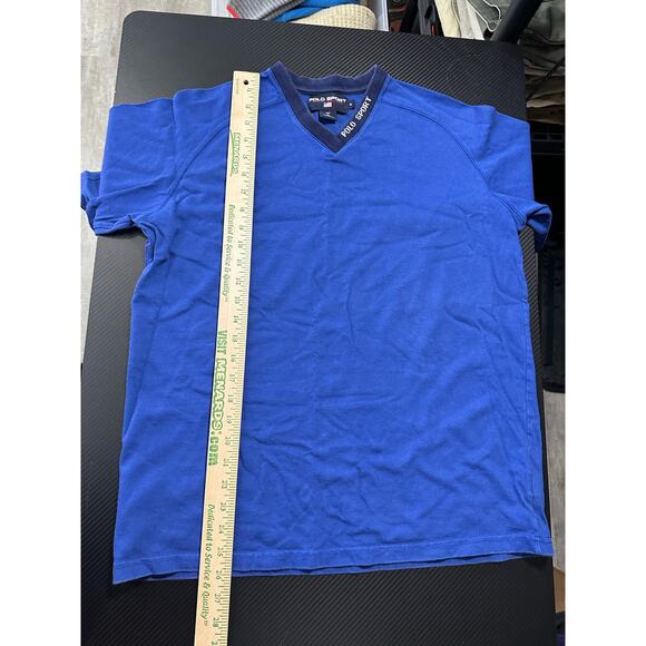 Vintage Polo Sport Ralph Lauren V Neck Tee Spellout Size Medium Blue - Picture 5 of 8